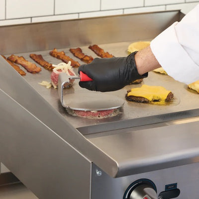 Winco SWS-6 Smash Burger Press with Red Silicone Sleeve