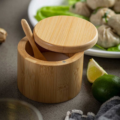 Tablecraft 11158 Round Bamboo Salt Box, with Spoon, 6 oz.