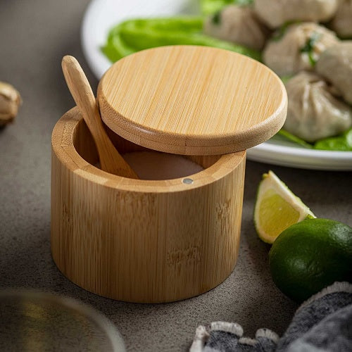 Tablecraft 11158 Round Bamboo Salt Box, with Spoon, 6 oz.