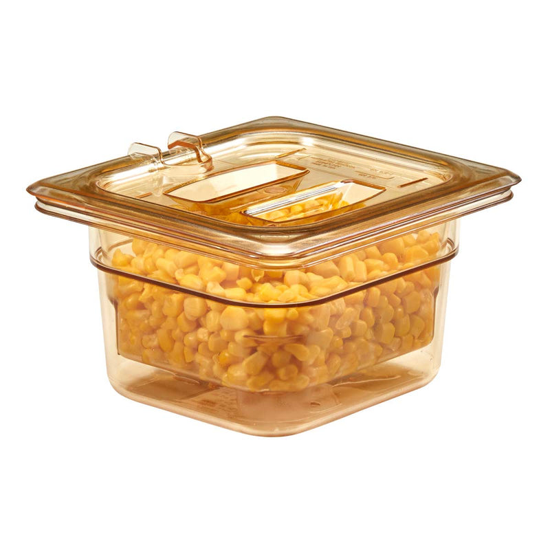 Cambro 60HPCHN150 H-Pan High Heat Notched Food Pan Lid w/ Handle, Amber, 1/6 Size