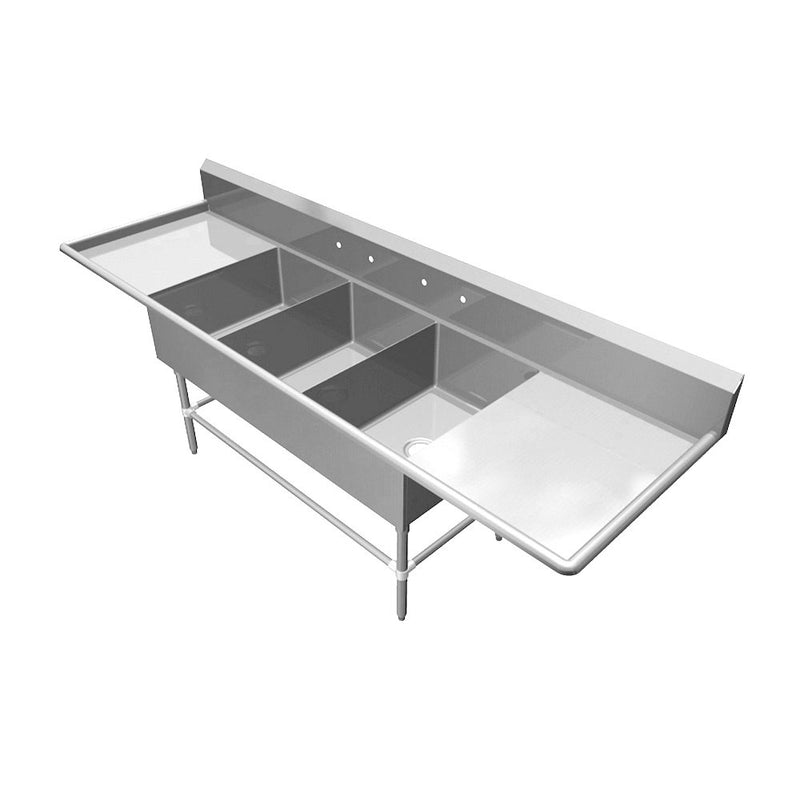 GSW SHH24243D Stainless Steel Sink w/ 3 Compartments, 2 Faucet Hole Sets, & 2 Drain Boards
