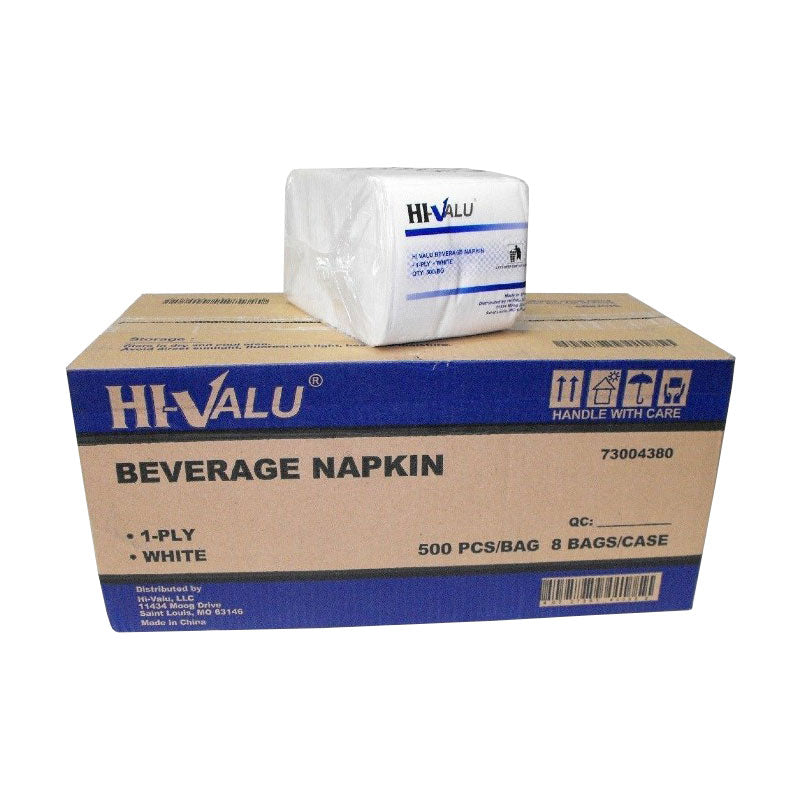 Hi-Valu 1-ply Disposable Beverage Napkin, White, 4-1/2" x 4-1/2", Pack of 500