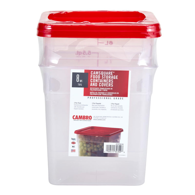 Cambro 8SFSPPSW2190 Camsquare Food Storage Containers w/ Covers, Red, 8 qt. Pack of 2