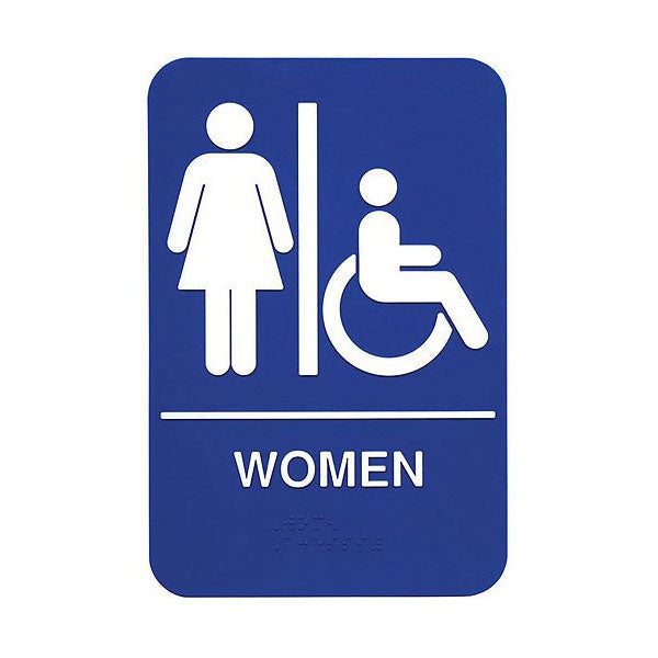 Update International S69B-1BL Women Accessible Restroom Sign, White on Blue, 9" x 6"