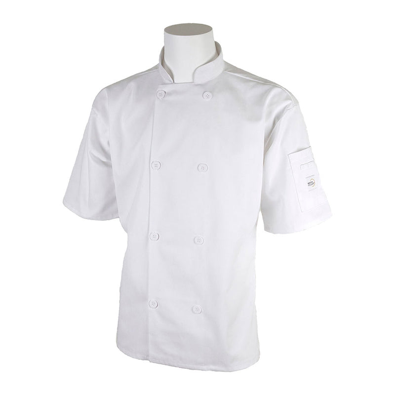 Mercer Millennia Air M60019WHM Unisex Short Sleeve Chef Coat w/ Shoulder Pocket, Medium, White