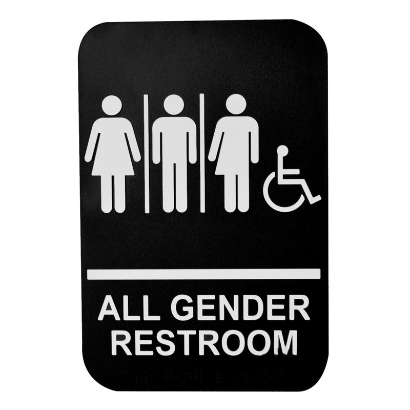 Tablecraft 695653 "All Gender Restroom" Sign w/ Braille, White on Black, 6" x 9"