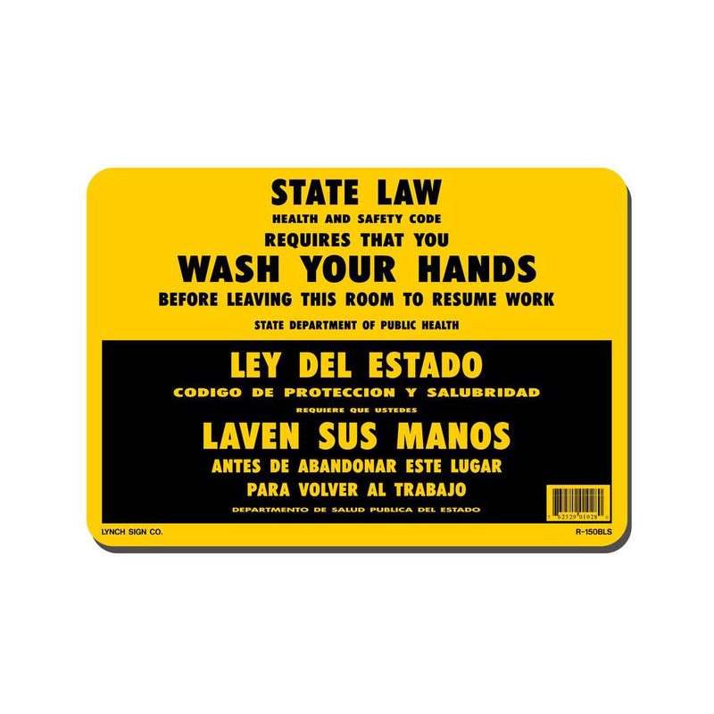 "Wash Your Hands State Law" Sign, English / Spanish, 11" x 7"