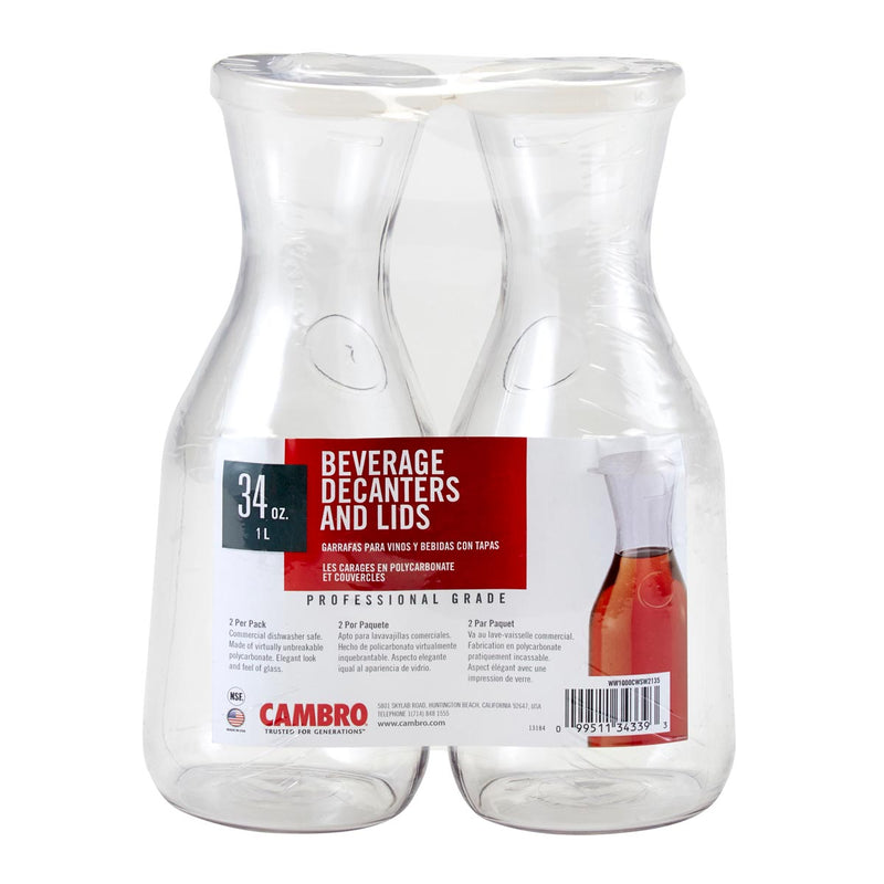 Cambro CamView Camliter Beverage Decanters w/ Lids, Clear, 1 liter, Pack of 2