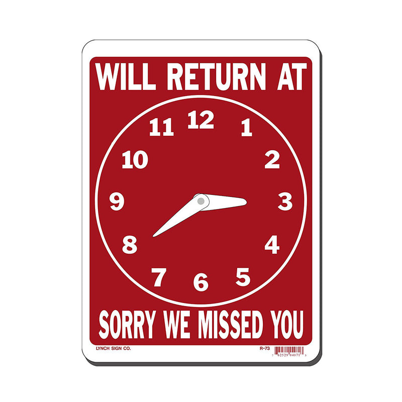 "Will Return At / Sorry We Missed You" Clock Sign, 7.75" x 10"