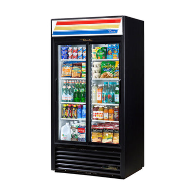 True GDM-33-HC-LD Two Section Sliding Glass Door Refrigerated Merchandiser, Black