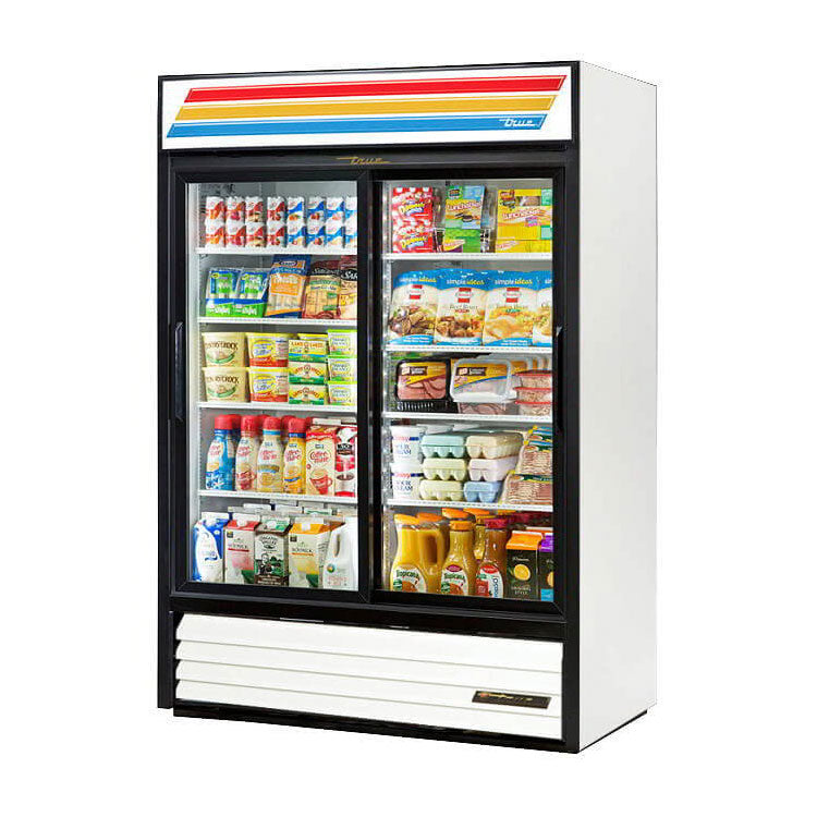 True GDM-47-LD Two Section Sliding Glass Door Refrigerated Merchandiser, White