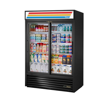 True GDM-47-LD Two Section Sliding Door Refrigerated Merchandiser, Black