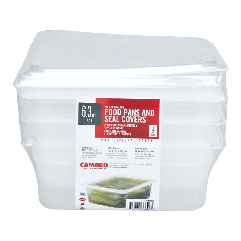 Cambro 24PPSW3190 Food Pans w/ Covers, Translucent, 6.3 qt., Pack of 3