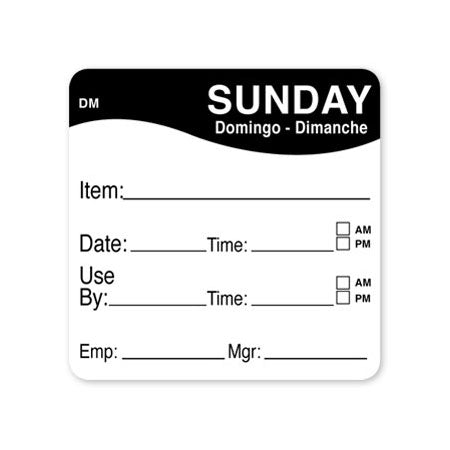 DayMark 1100537 "Sunday" Dissolve Labels, 2" x 2", Roll of 250
