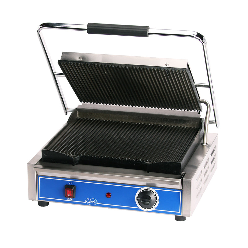 Globe GPG1410 Cast Iron Sandwich /Panini Grill w/ Grooved Plates, 14" x 10"