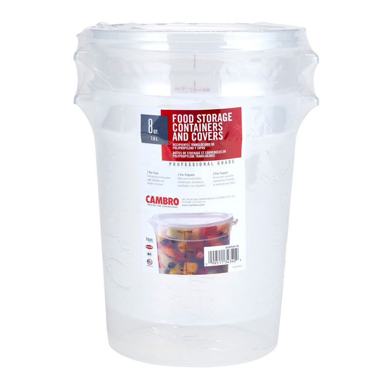 Cambro RFS8PPSW2190 Round Food Storage Container & Covers, Translucent, 8 qt., Pack of 2