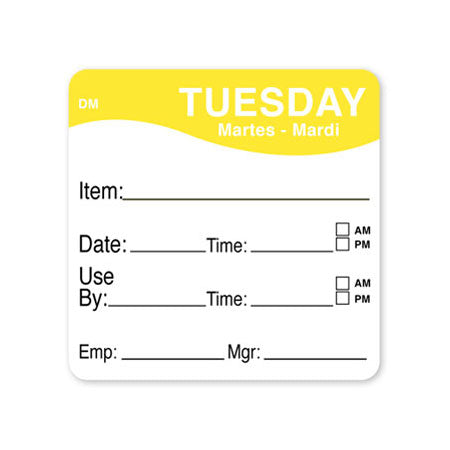 DayMark 1100532 "Tuesday" Dissolve Labels, 2" x 2", Roll of 250